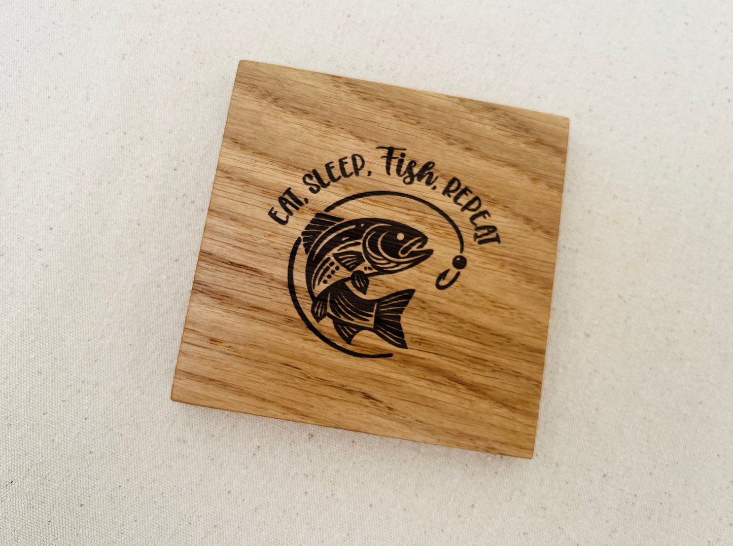 Oak Engraved Coaster: Eat, Sleep, Fish, Repeat