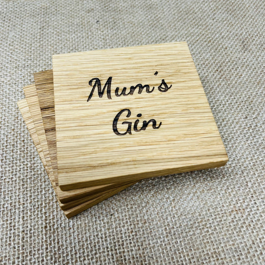 Mum's Gin Coaster - Engraved Solid Oak