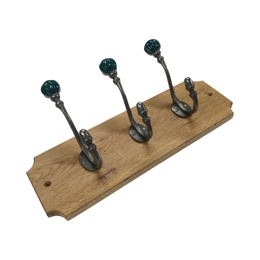 Teal / Racing Green - Oak Backed Mounted Coat Rack