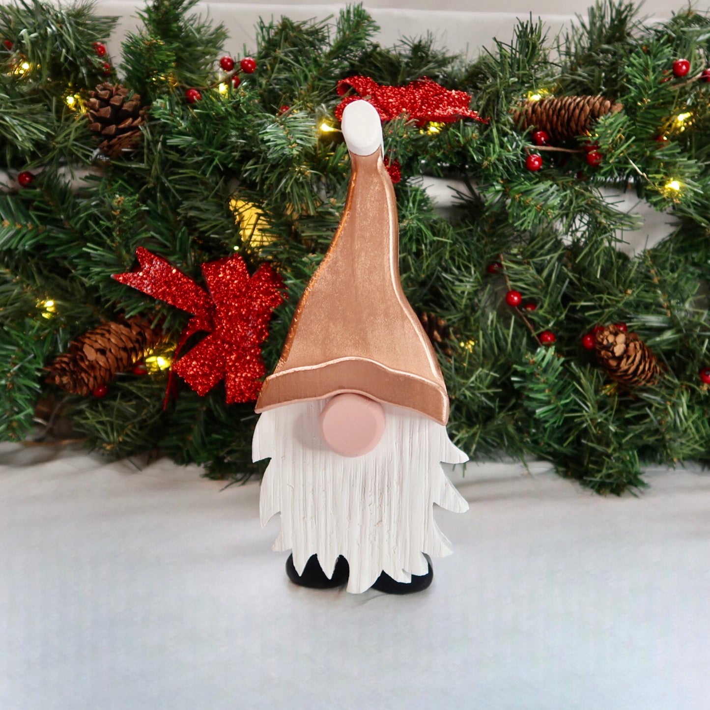 Festive Gonk - Handmade Decorative Wooden Gnome - Copper Rose Gold