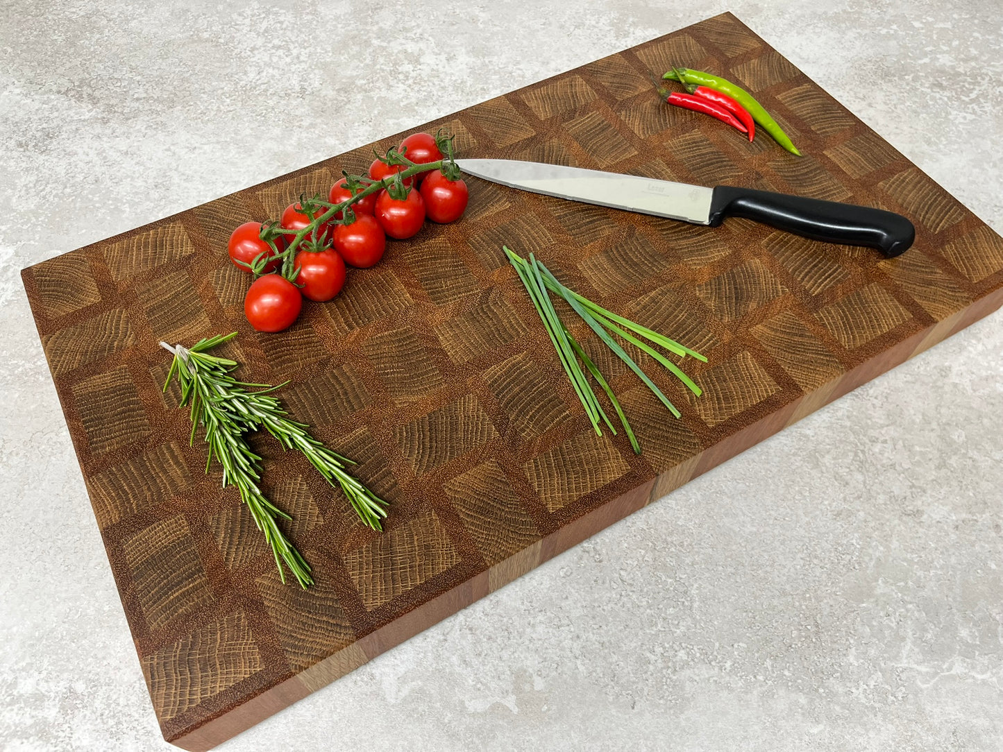 Cast and Wood Handmade Extra Large Wooden Chopping Board, Chunky butchers block style - Made from Oak / Sapele end grain hardwood - in use