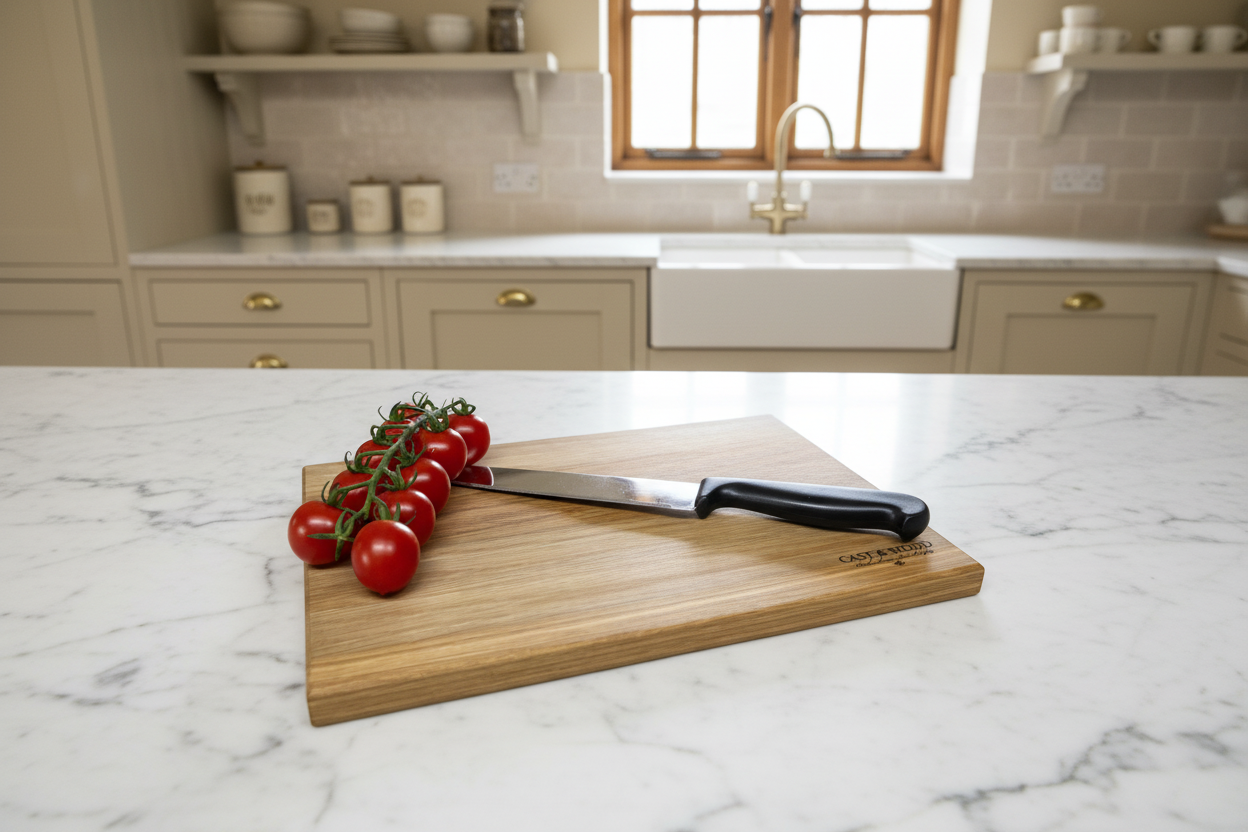 Wooden chopping board with a knife and cherry tomatoes on a marble countertop, showcasing the Piccadilly Medium Chopping Board.