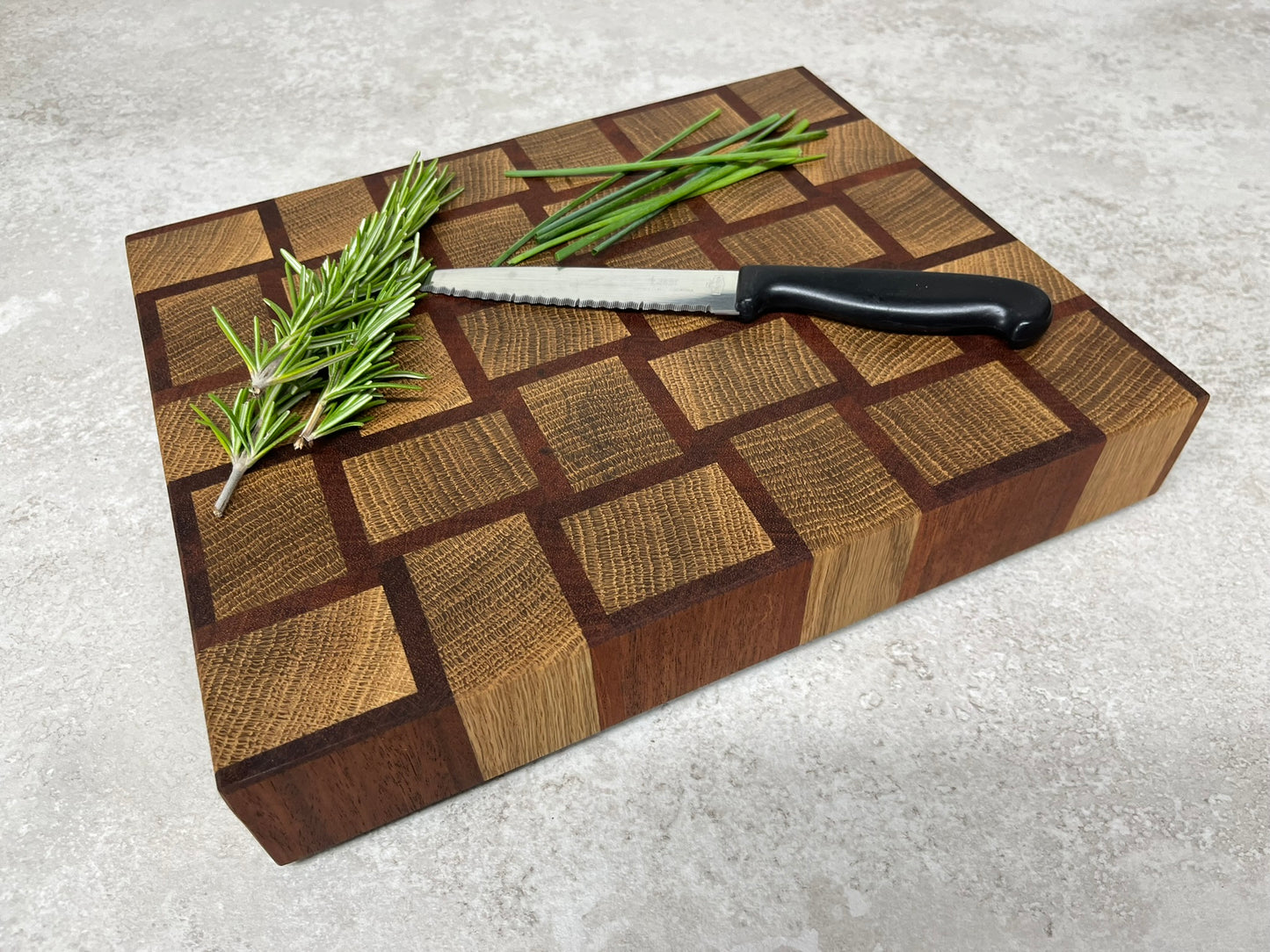 Cast and wood handmade premium chopping board end grain - Oak and Sapele basketweave design butchers block