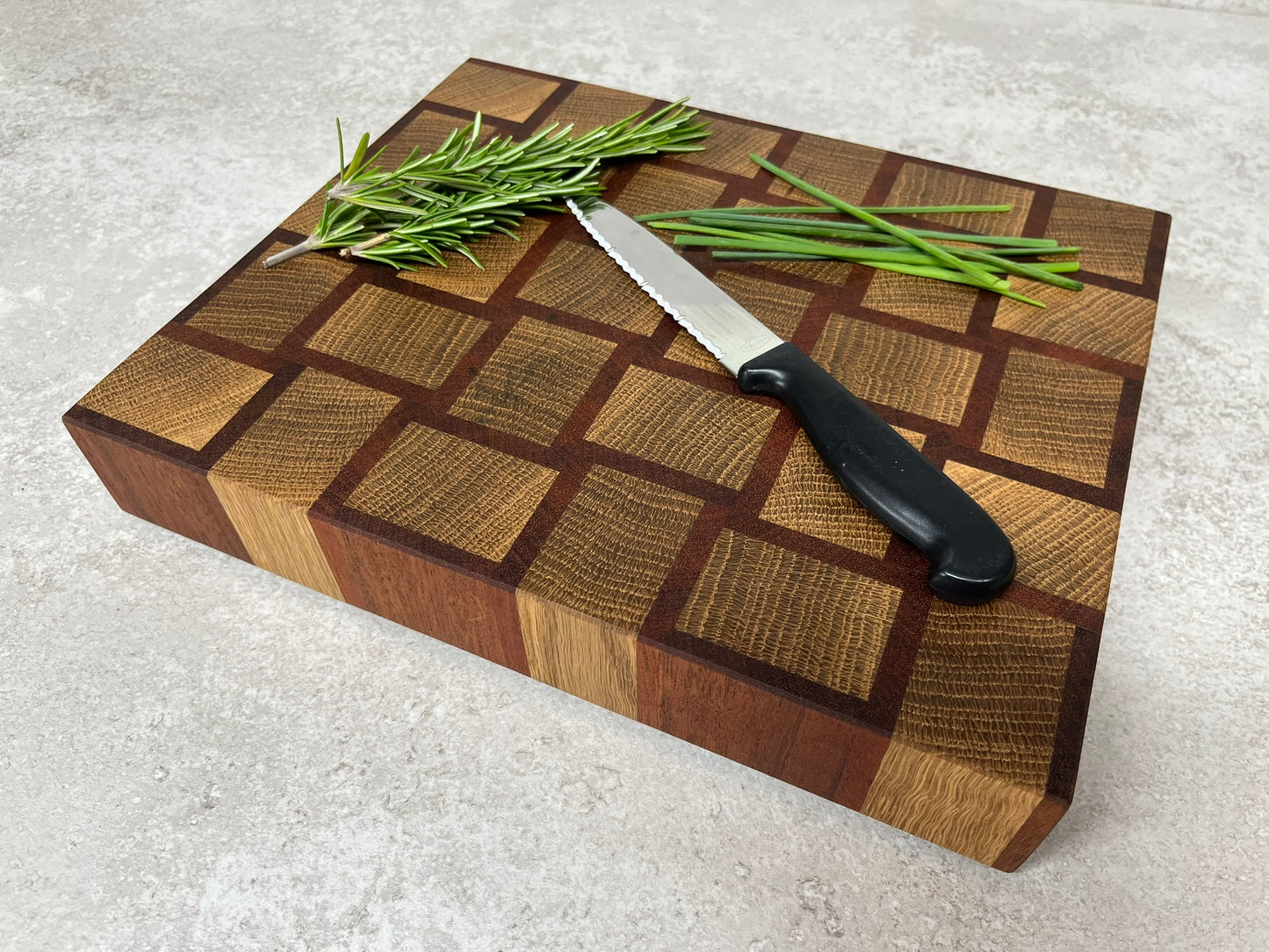 Cast and wood handmade premium chopping board end grain - Oak and Sapele basketweave design butchers block