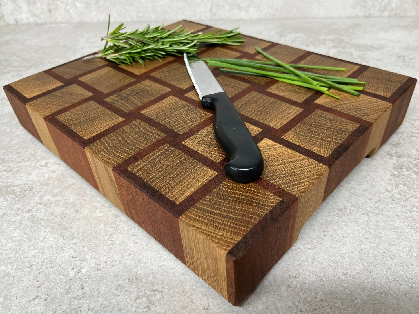 Cast and wood handmade premium chopping board end grain - Oak and Sapele basketweave design butchers block