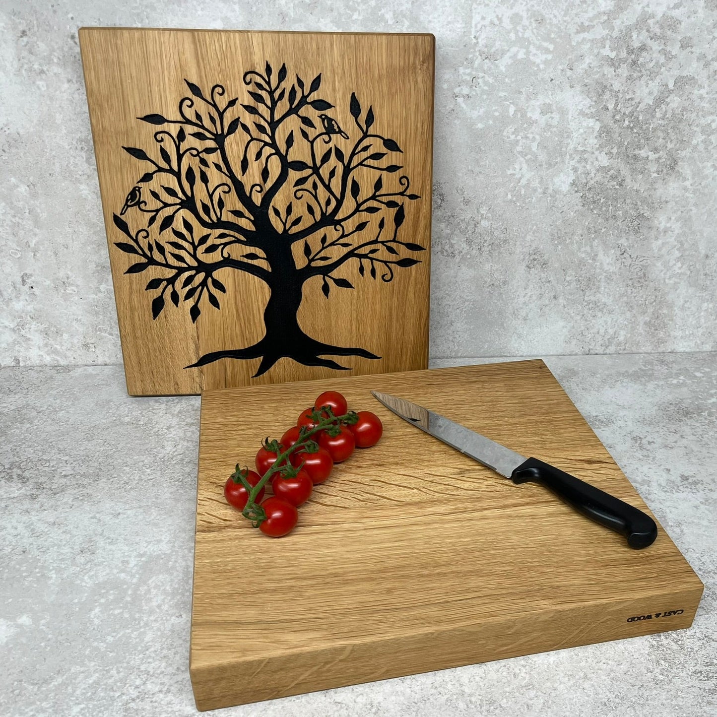 Chunky Solid Oak Chopping Board with Hand Carved Tree of Life