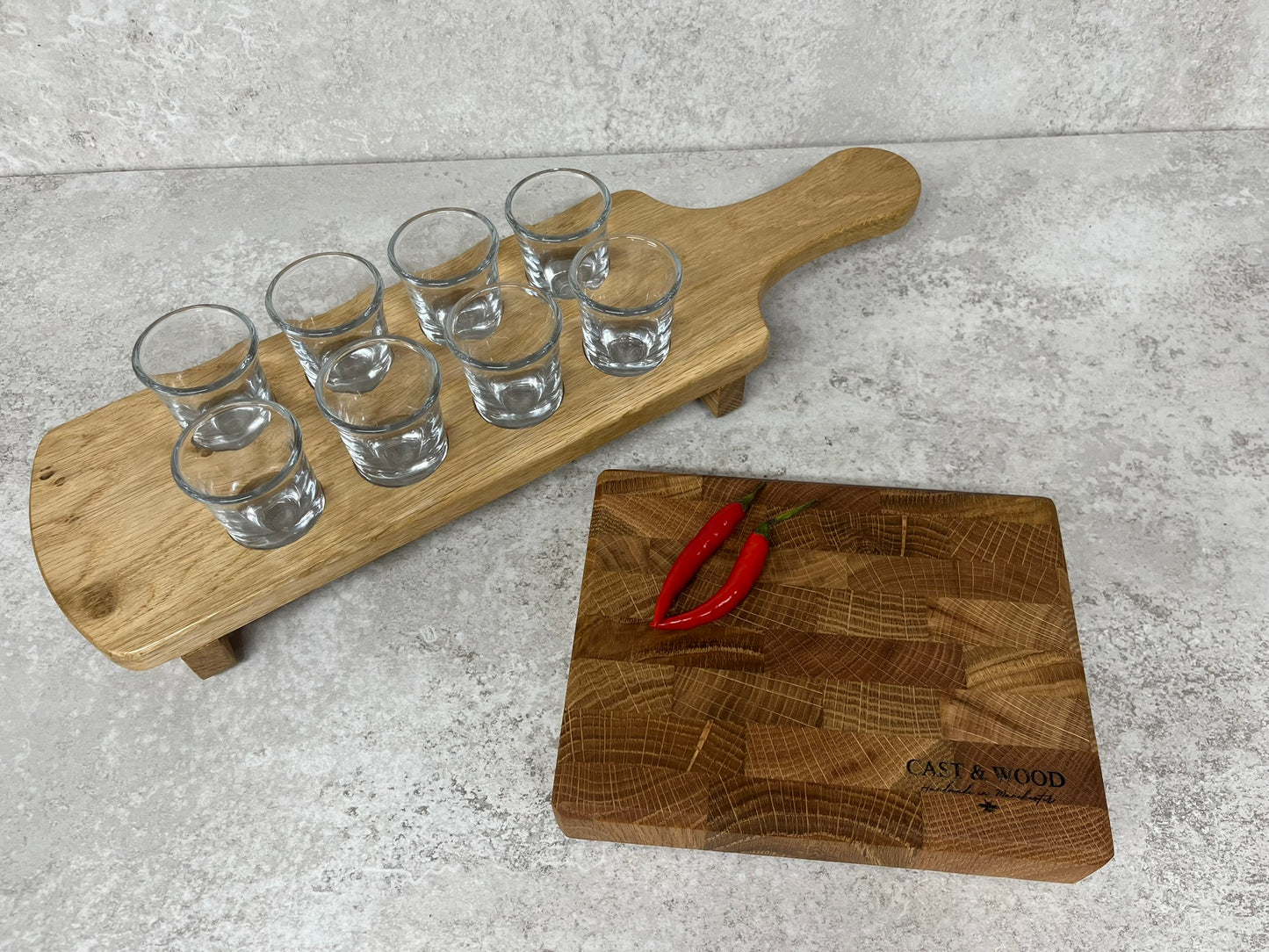 Solid Oak Shot Glass Serving Board Paddle