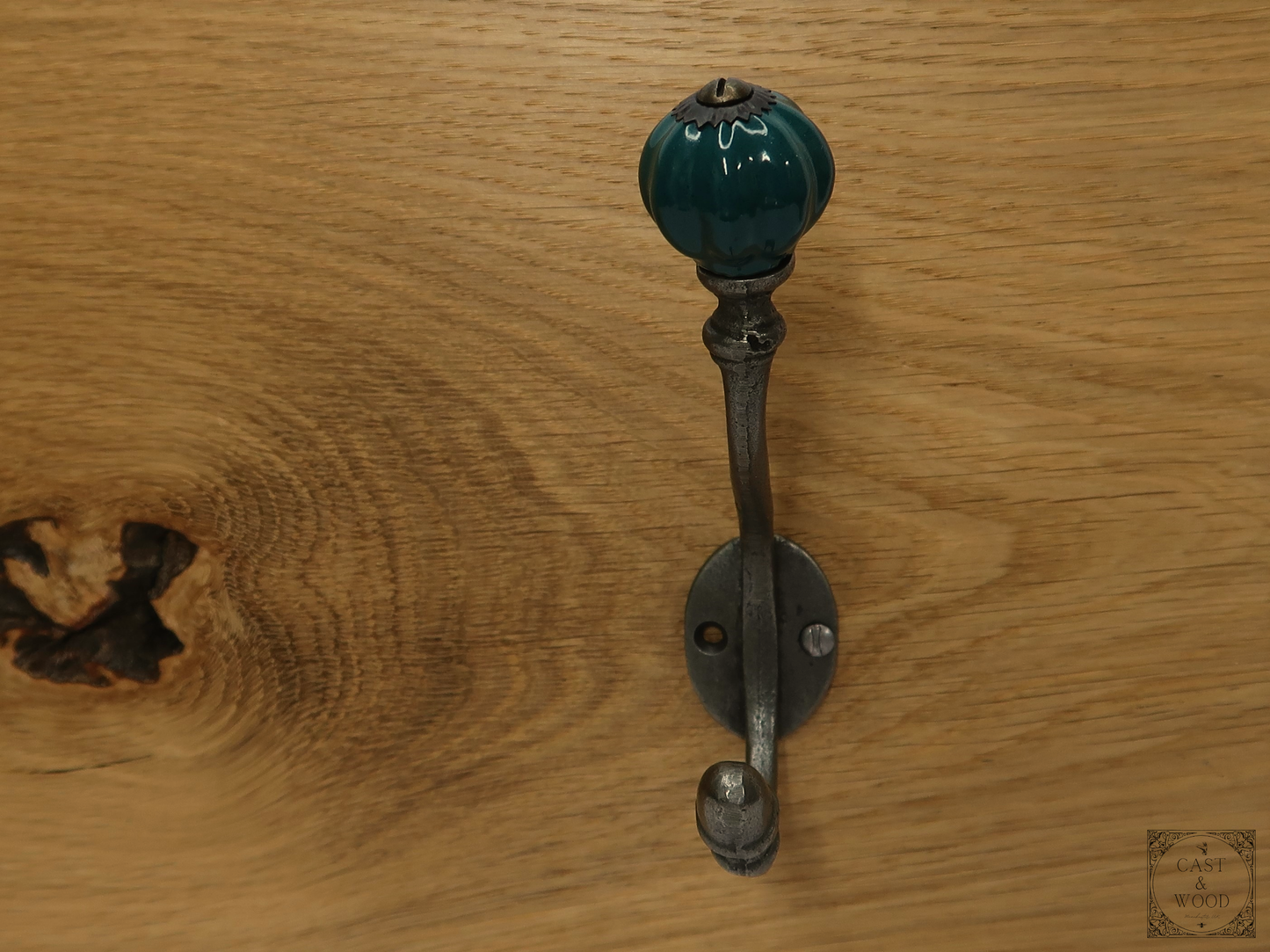 Racing Green Teal Acorn Double Coat Hook Cast & Wood