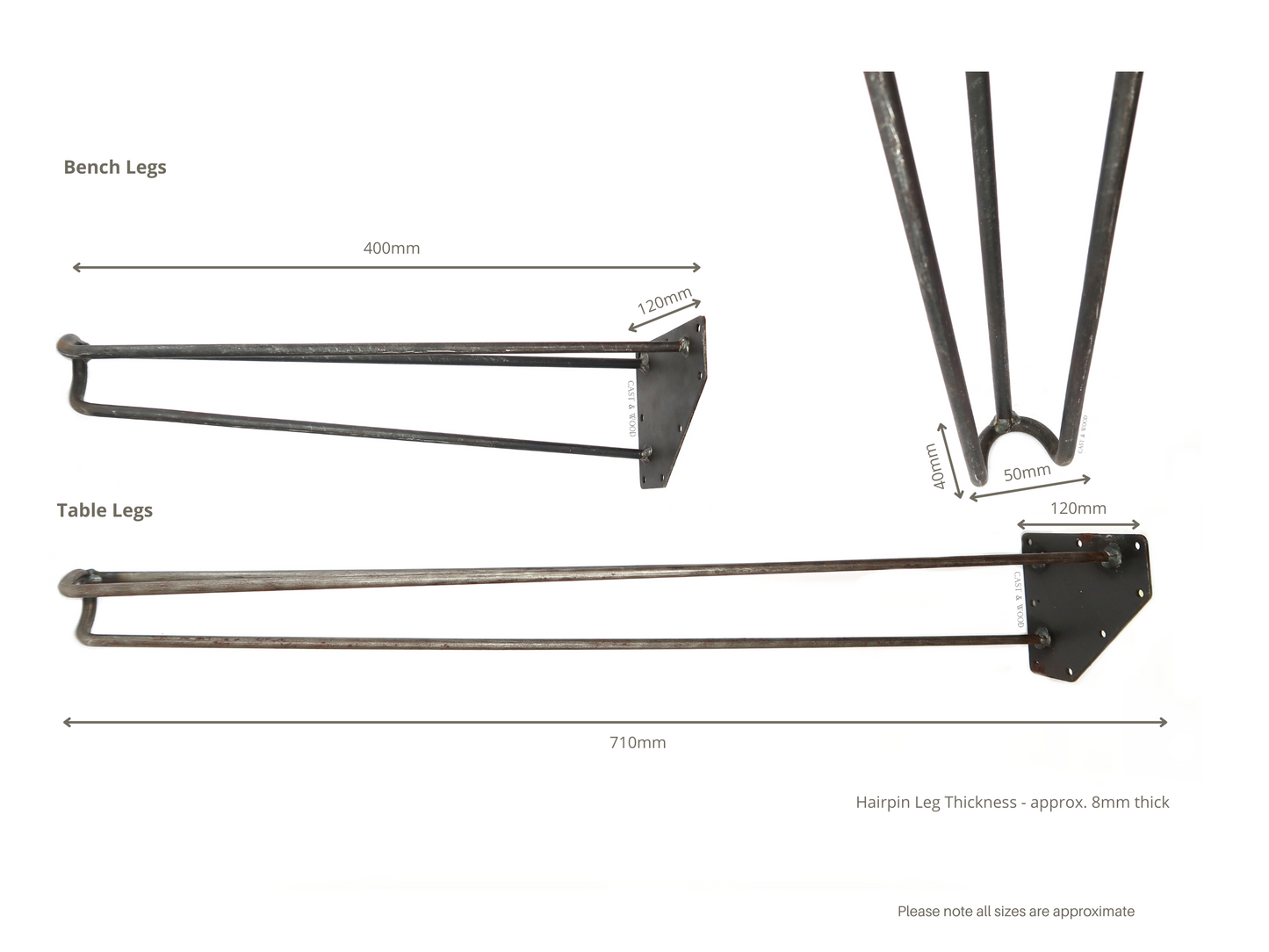 Footed Detail Hairpin Legs - Set of 4no - Bench 400mm Cast & Wood