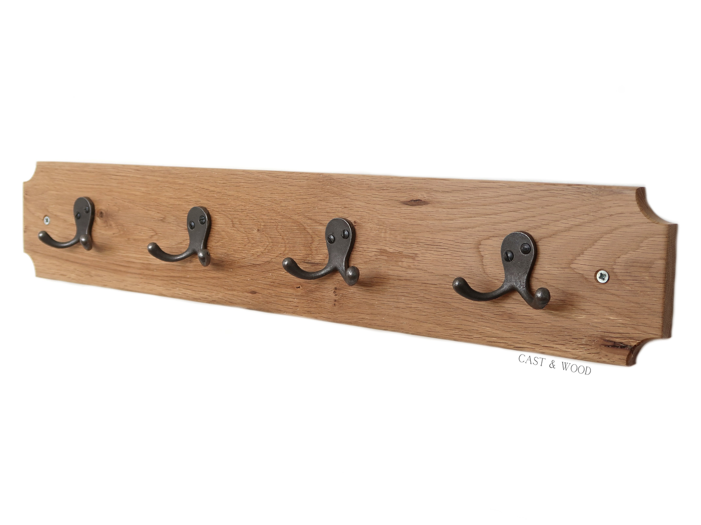 Solid Oak Coat Rack with 4no x Basic Hooks Cast & Wood