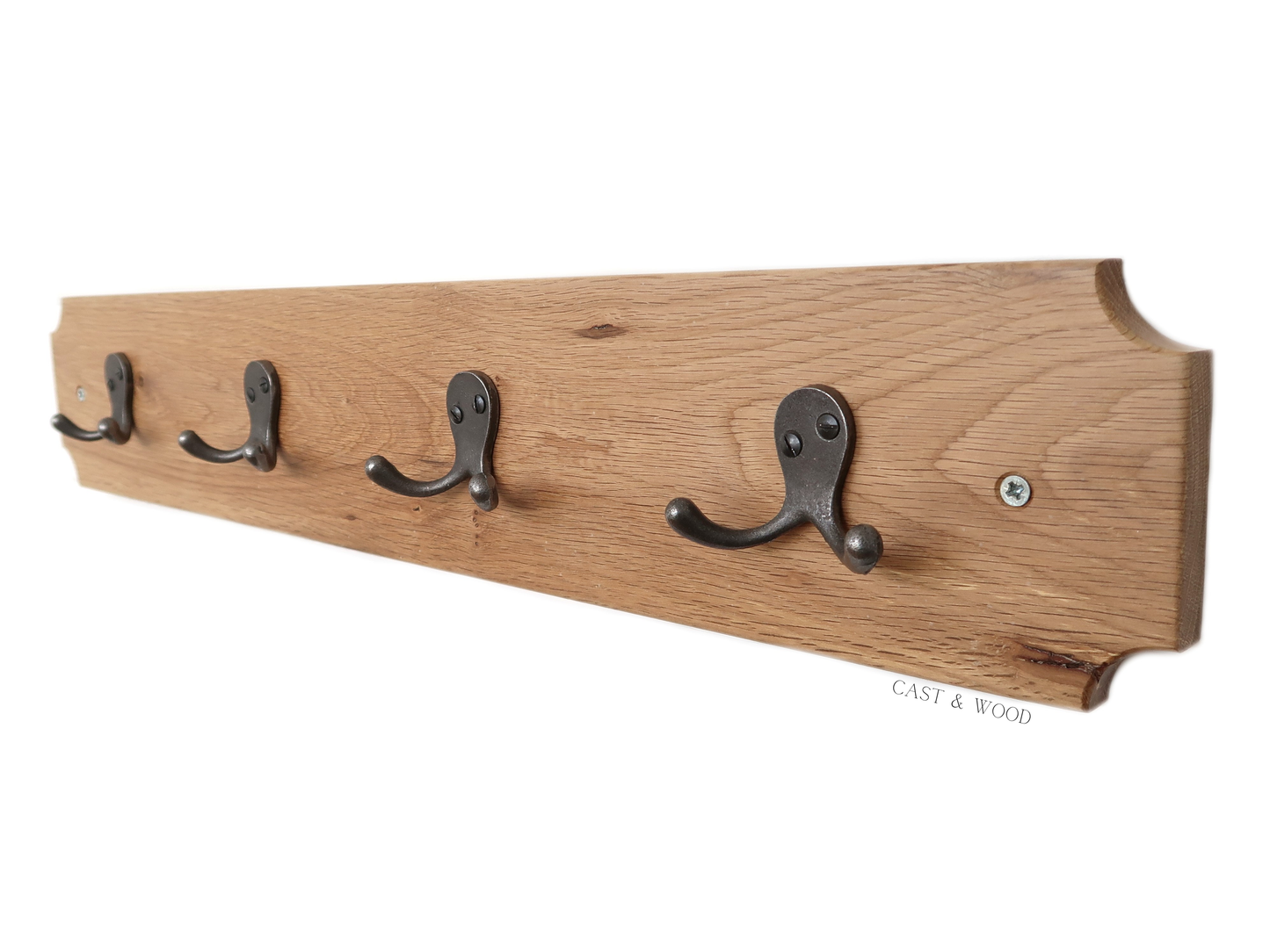 Solid Oak Coat Rack with 4no x Basic Hooks Cast & Wood