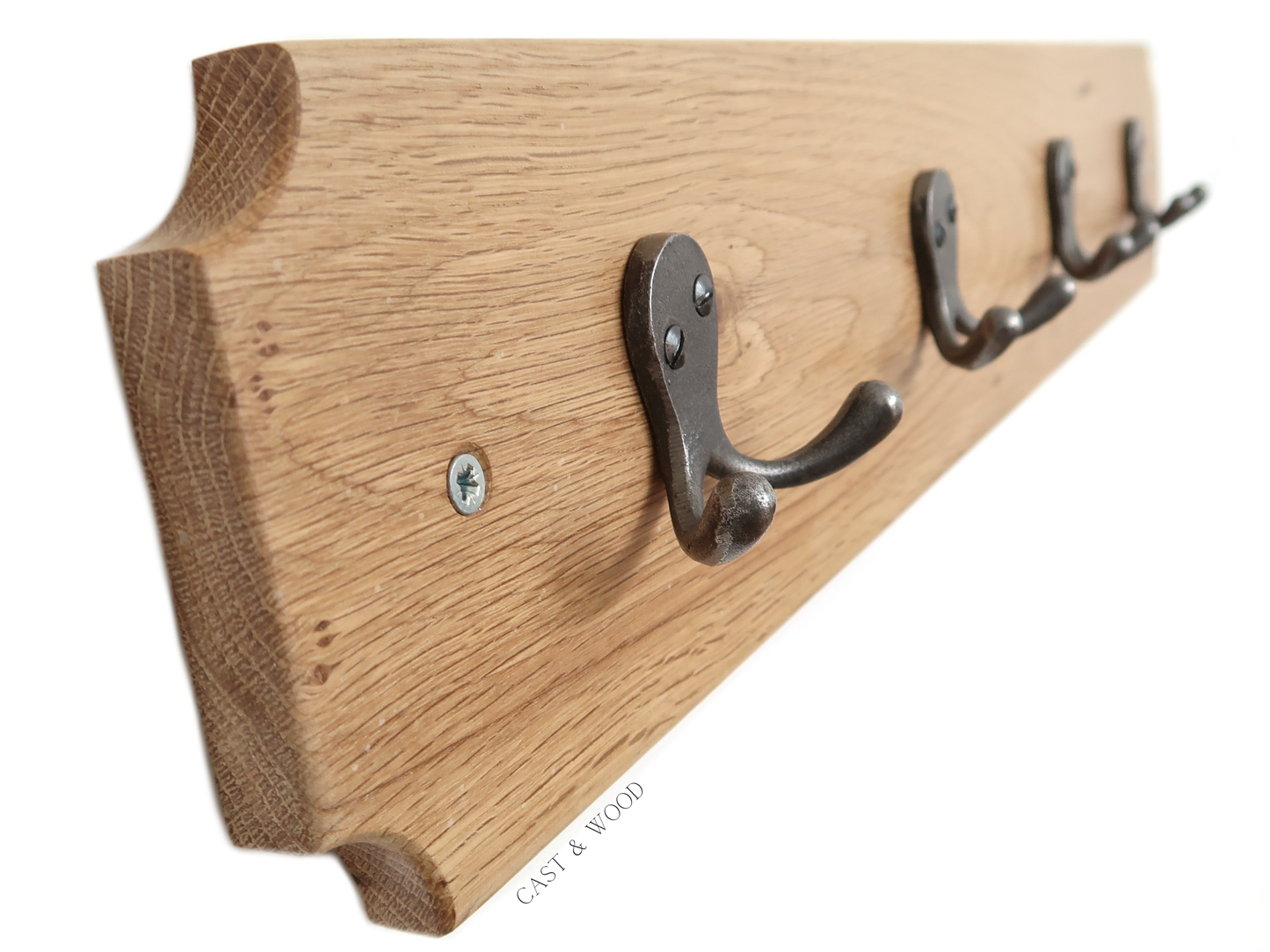 Solid Oak Coat Rack with 4no x Basic Hooks Cast & Wood
