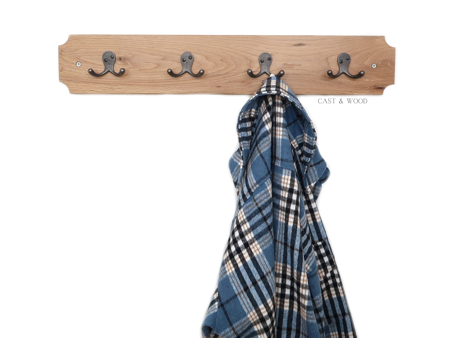 Solid Oak Coat Rack with 4no x Basic Hooks Cast & Wood