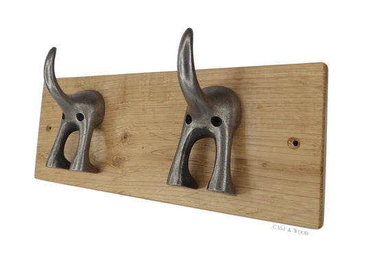 Solid Oak Mounted Dog Tail Hook - Double