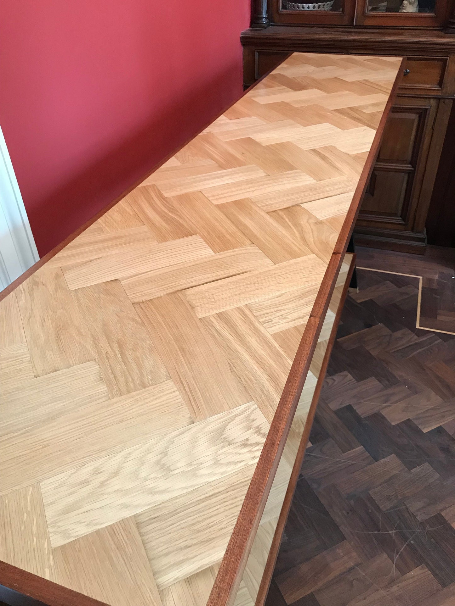 Handmade Reclaimed Solid Oak Herringbone Top / Mahogany Edging Console Table - ONE OFF freeshipping - Cast & Wood