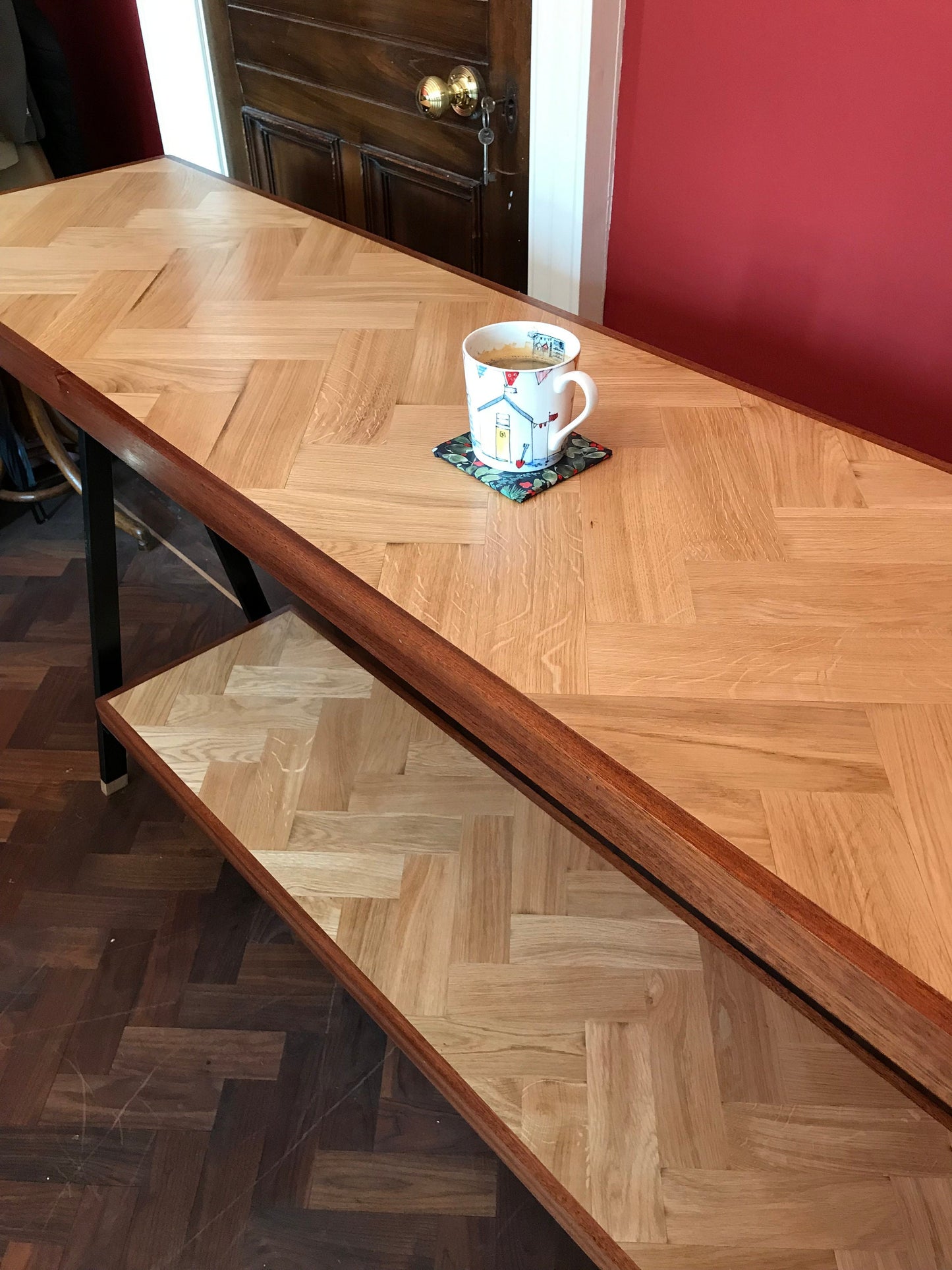 Handmade Reclaimed Solid Oak Herringbone Top / Mahogany Edging Console Table - ONE OFF freeshipping - Cast & Wood