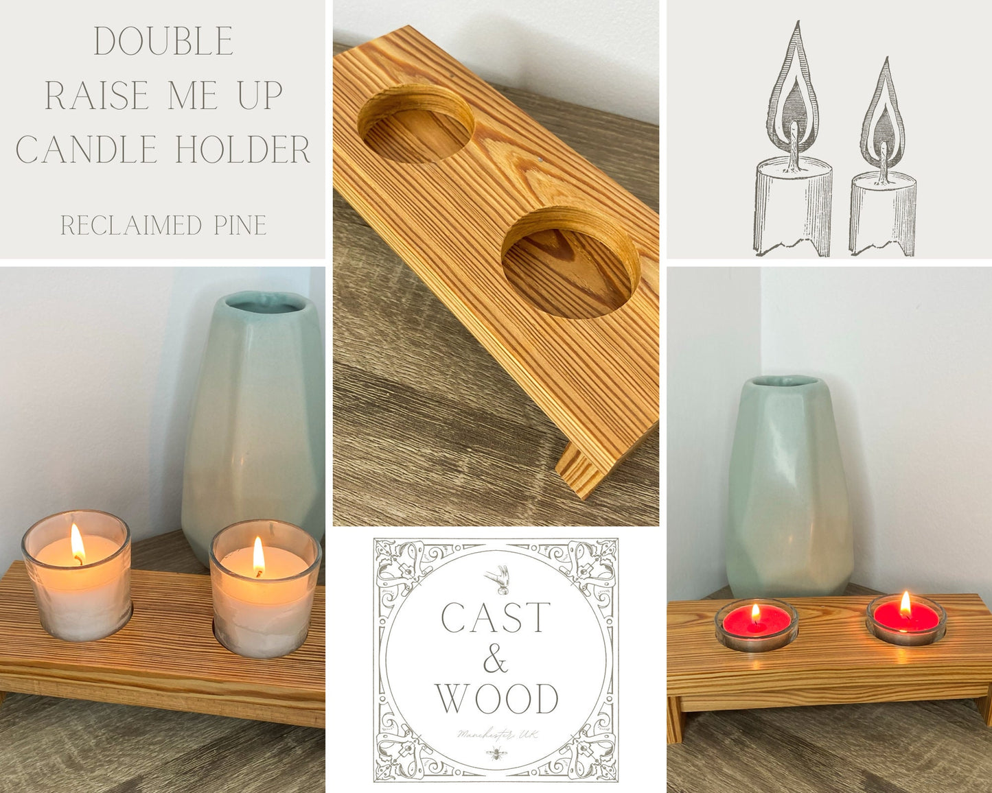 Raise Me Up Double Candle Holder - Reclaimed Welsh Chapel Pine freeshipping - Cast & Wood