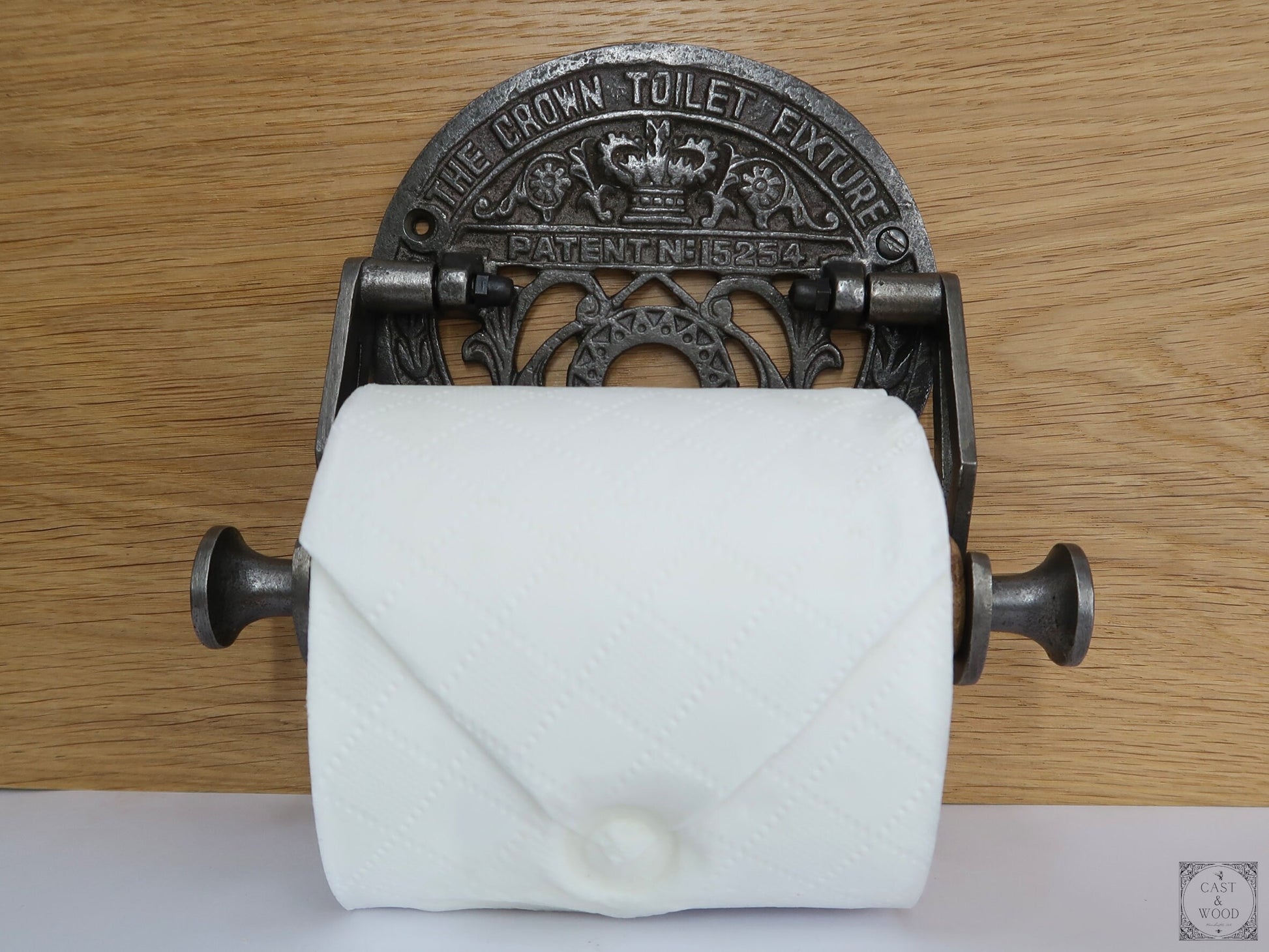 The Crown Toilet Roll Holder - Cast Iron - Light Wood