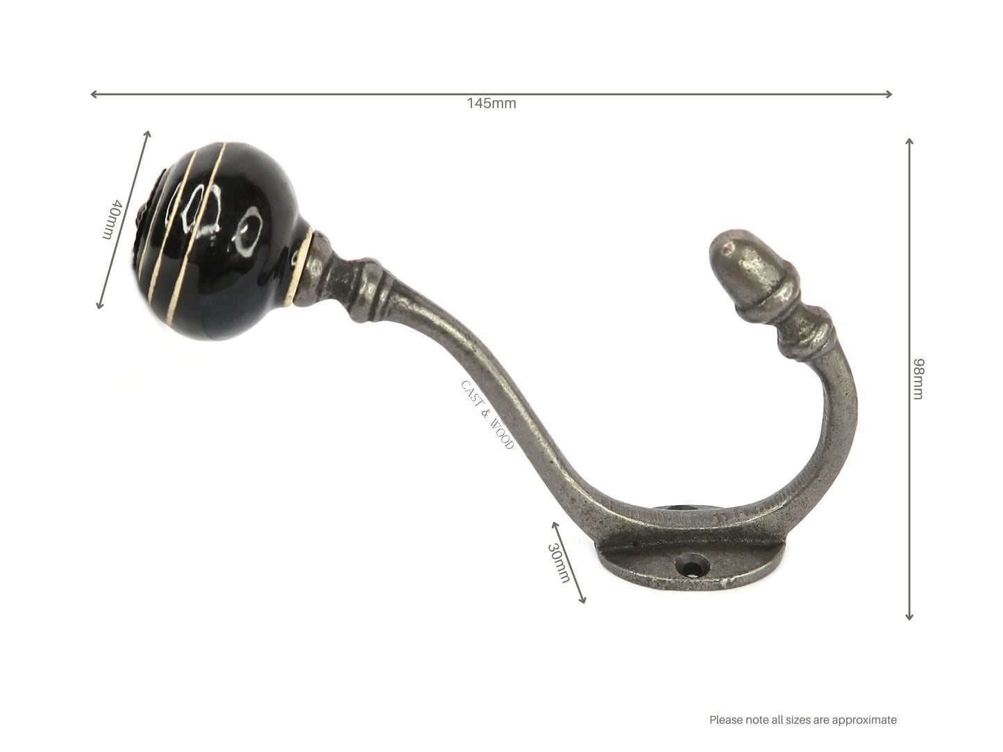 Black / White Stripe Acorn Double Coat Hook freeshipping - Cast & Wood