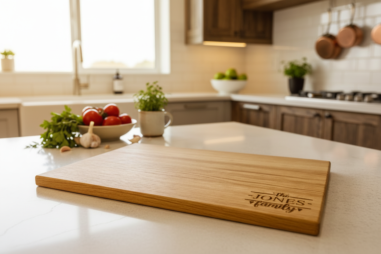 Wooden chopping board engraved with 'the JONES family', surrounded by fresh vegetables and herbs on a kitchen countertop.