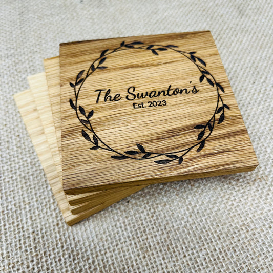 Personalised Family Name Coaster - Engraved Solid Oak
