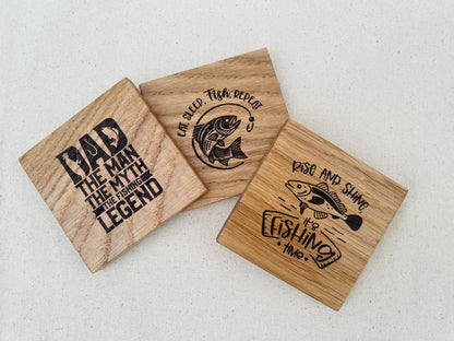 Engraved Oak Coaster: Dad, the Man, the Myth, the Fishing Legend