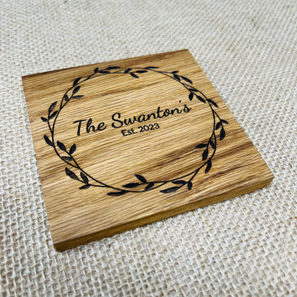 Personalised Family Name Coaster - Engraved Solid Oak