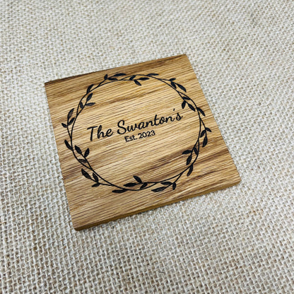 Personalised Family Name Coaster - Engraved Solid Oak