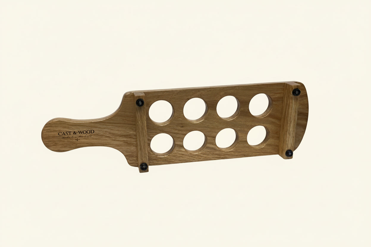 Personalised solid oak shot glass paddle - underside view