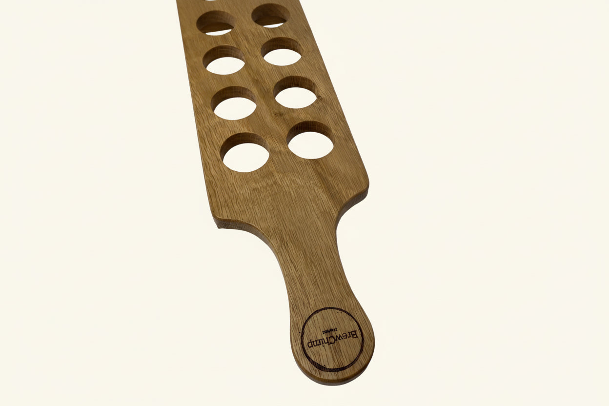 Personalised solid oak shot glass paddle - handle view