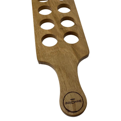 Personalised solid oak shot glass paddle - handle view