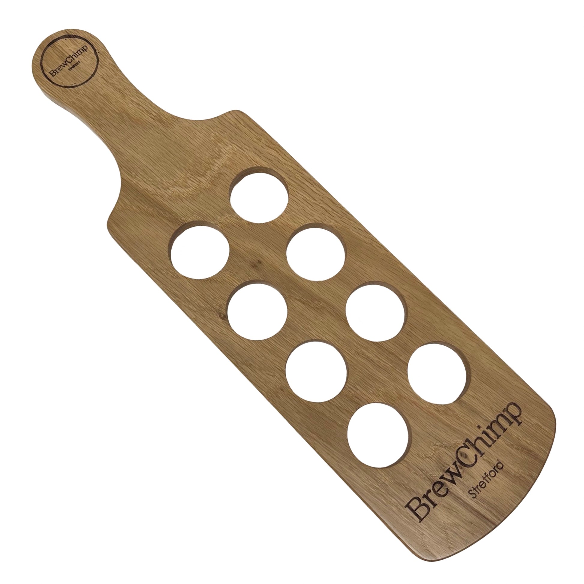 Personalised solid oak shot glass paddle - top view