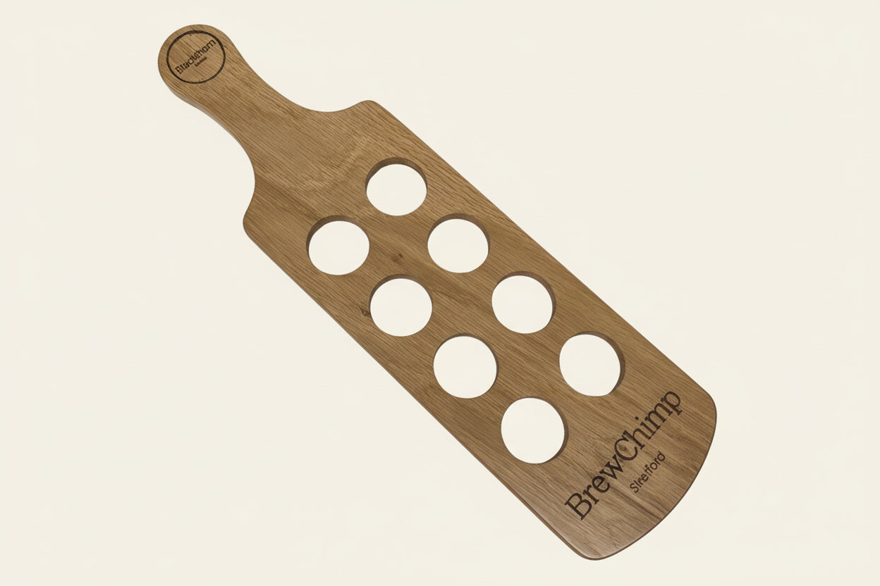 Personalised solid oak shot glass paddle - top view