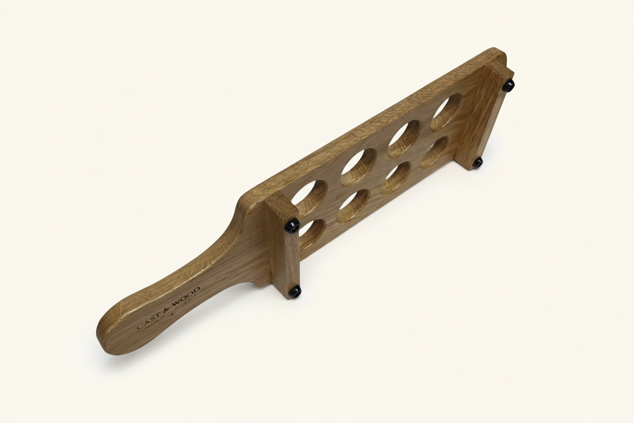 Personalised solid oak shot glass paddle - side view