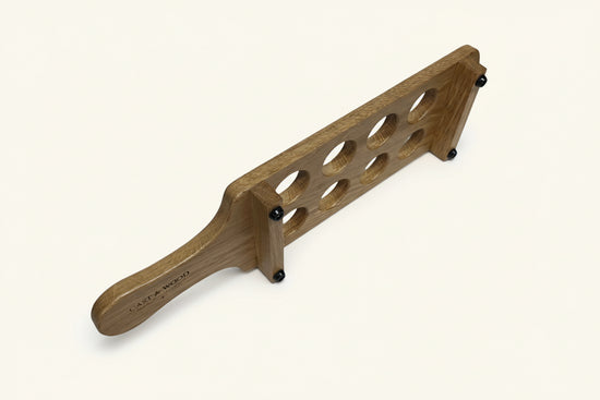 Personalised solid oak shot glass paddle - side view