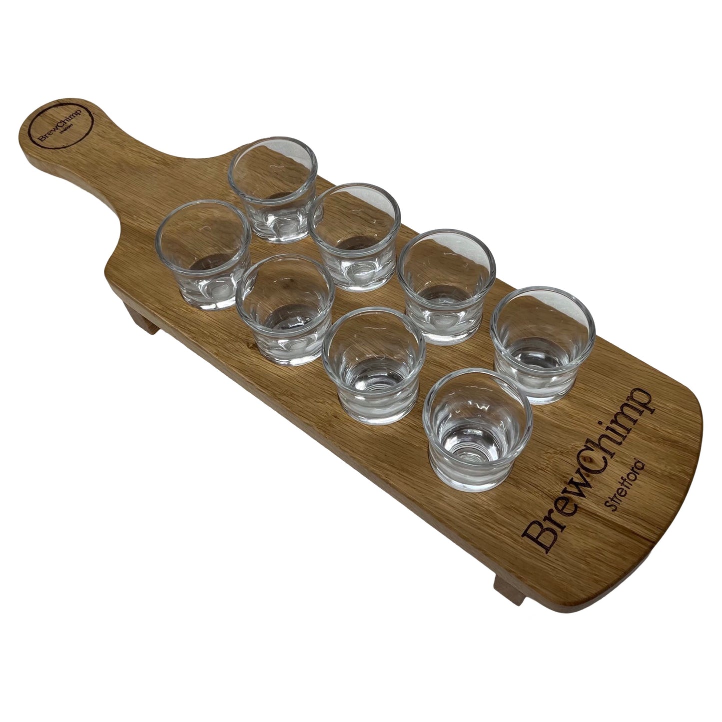 Personalised solid oak shot glass paddle - full view