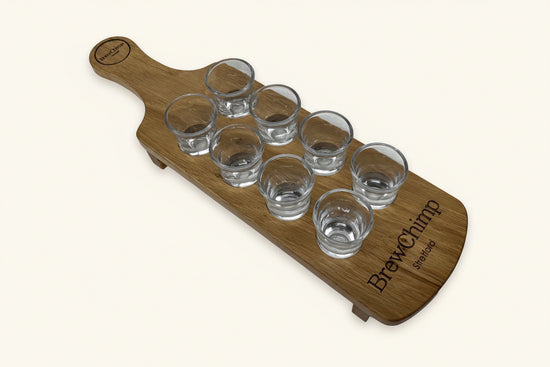 Personalised solid oak shot glass paddle - full view