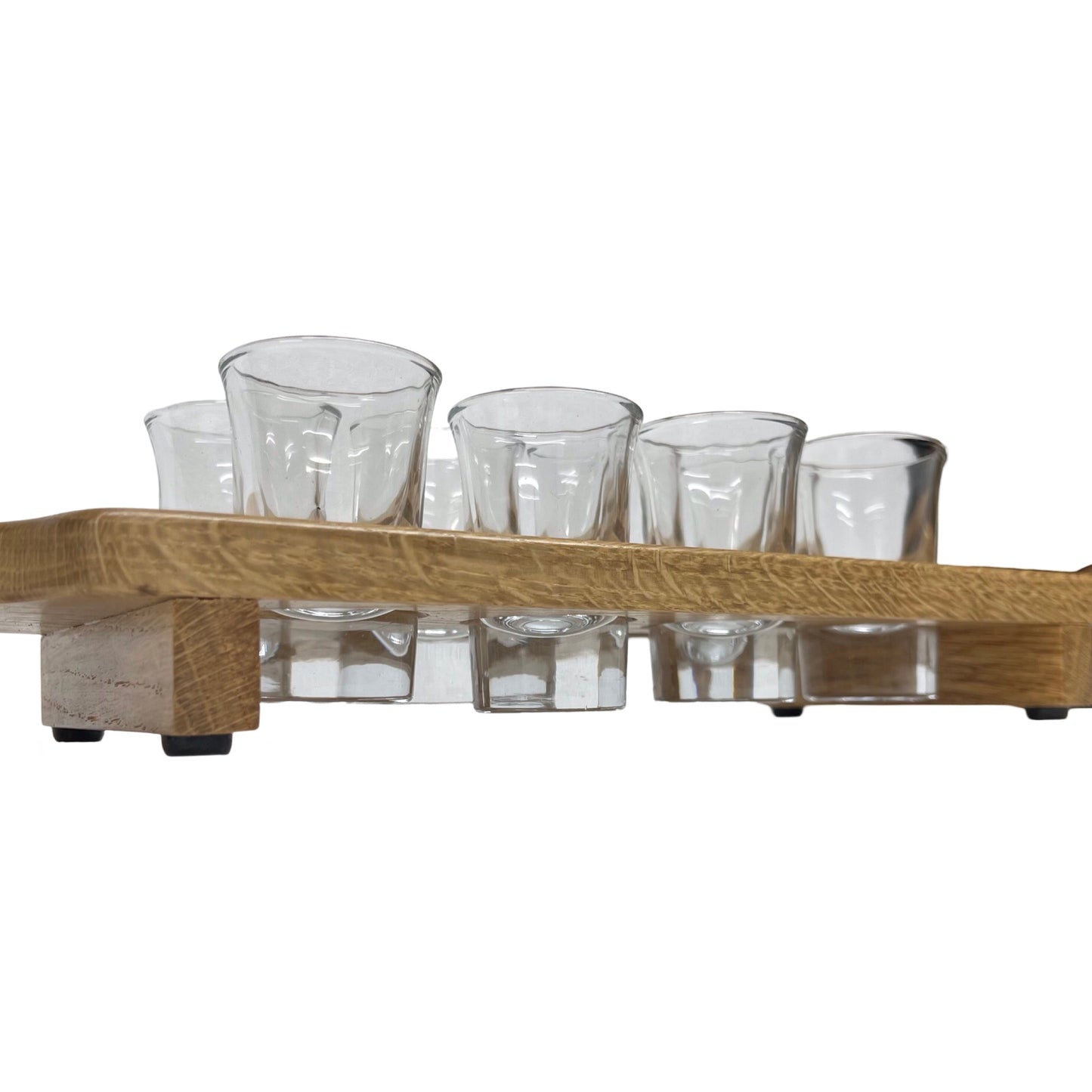 Personalised solid oak shot glass paddle - side view