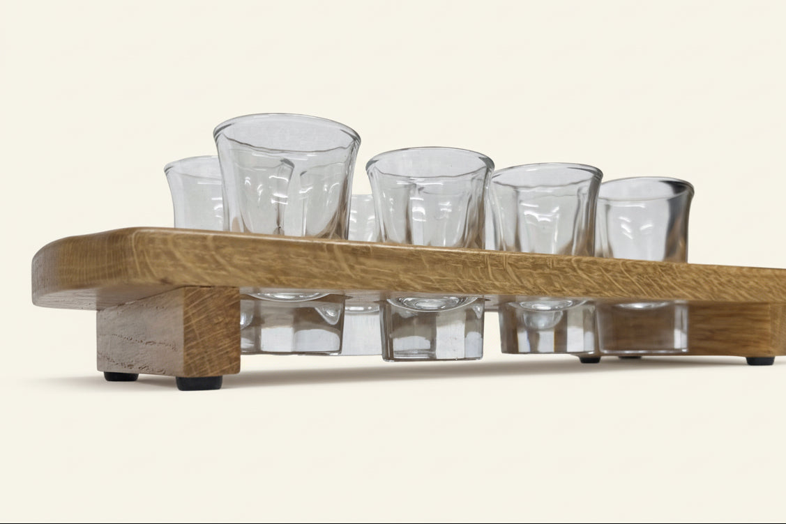 Personalised solid oak shot glass paddle - side view