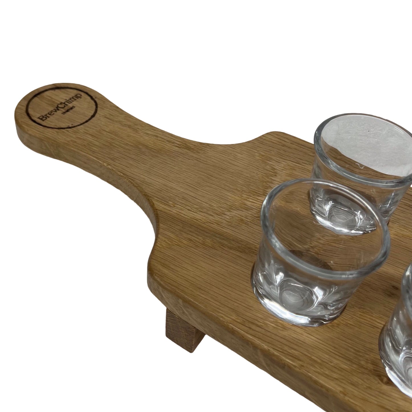 Personalised solid oak shot glass paddle - handle view