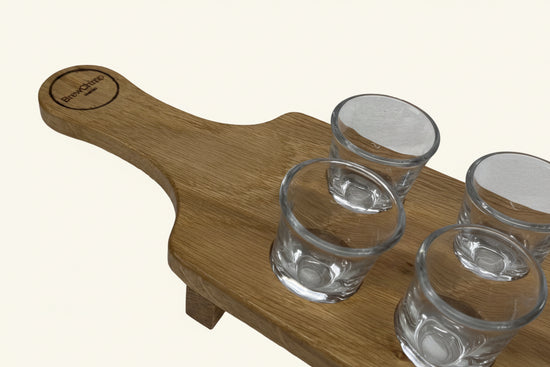 Personalised solid oak shot glass paddle - handle view
