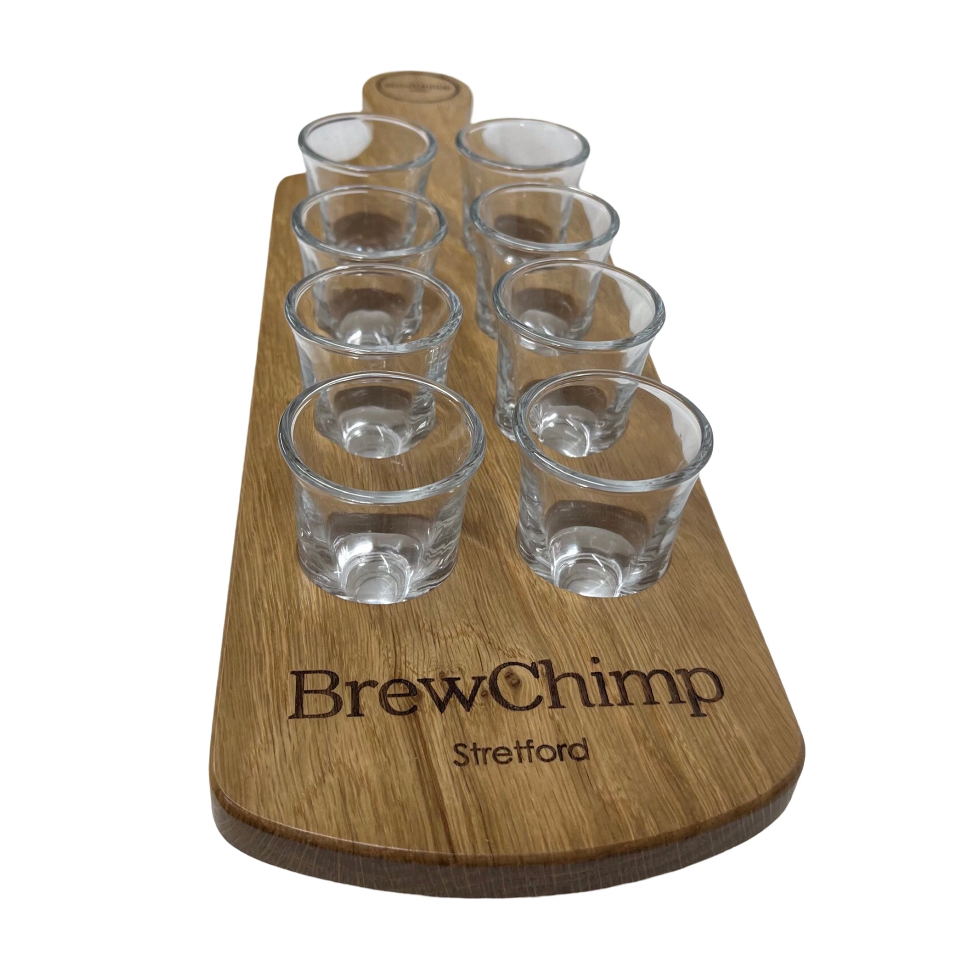 Personalised solid oak shot glass paddle - end view