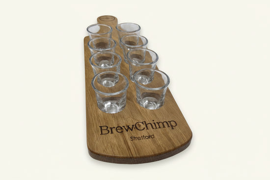 Personalised solid oak shot glass paddle - end view