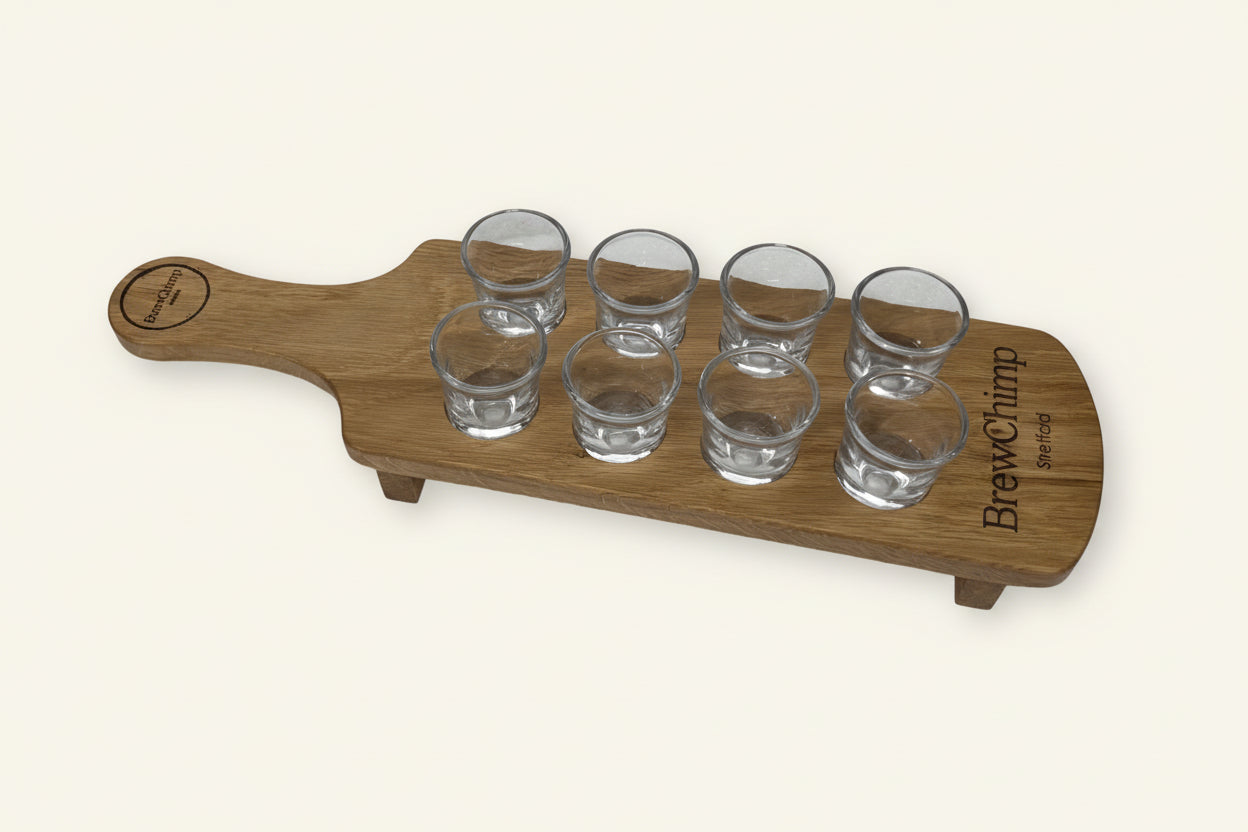 Personalised solid oak shot glass paddle - full view