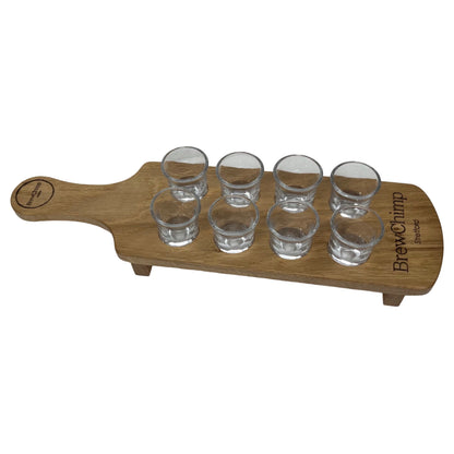 Personalised solid oak shot glass paddle - full view