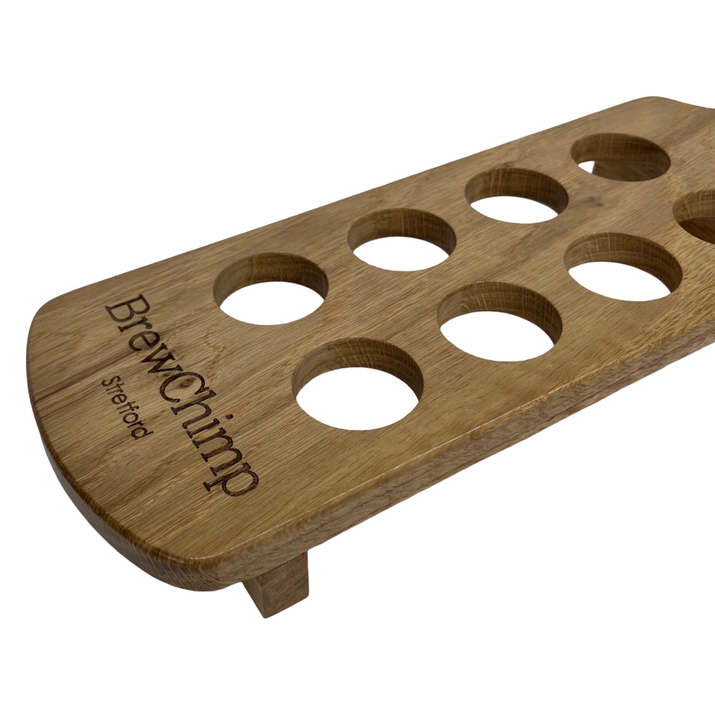 Personalised solid oak shot glass paddle - end view