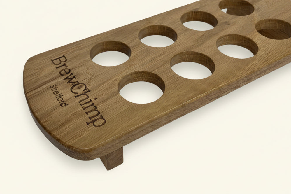 Personalised solid oak shot glass paddle - end view