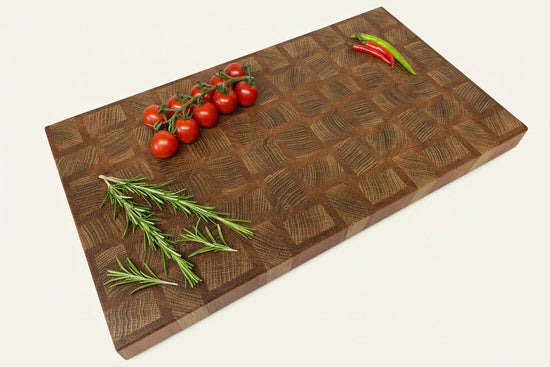 Cast and Wood Handmade Extra Large Wooden Chopping Board, Chunky butchers block style - Made from Oak / Sapele end grain hardwood - in use
