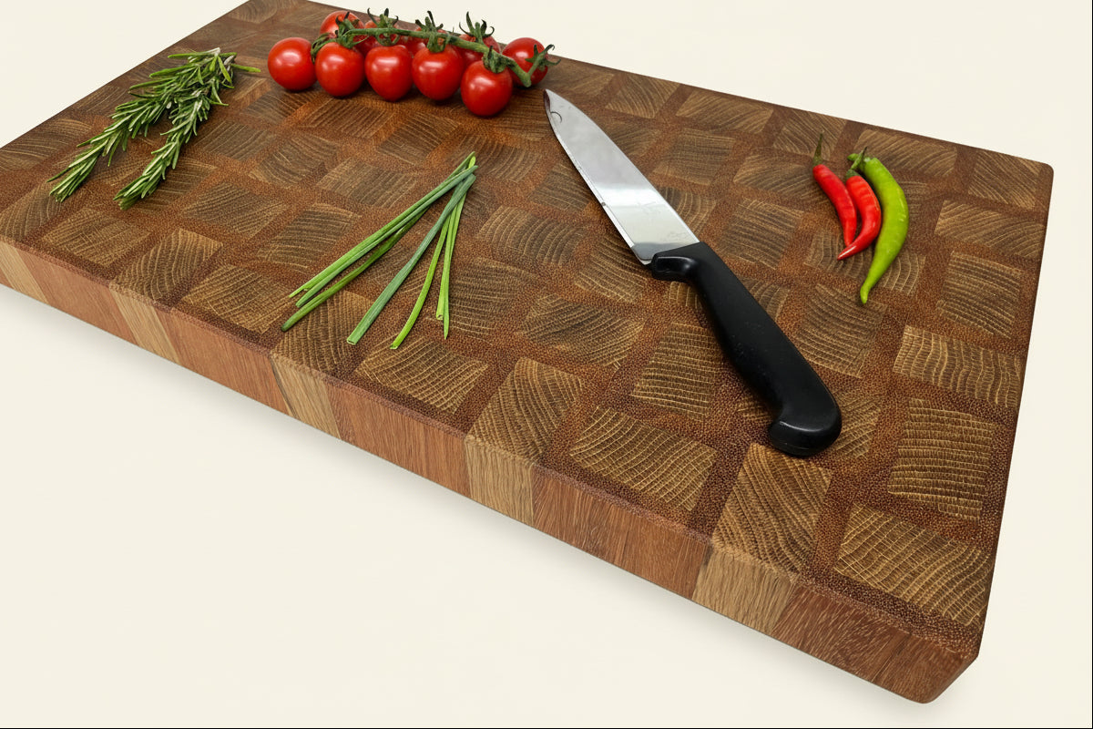 Cast and Wood Handmade Extra Large Wooden Chopping Board, Chunky butchers block style - Made from Oak / Sapele end grain hardwood