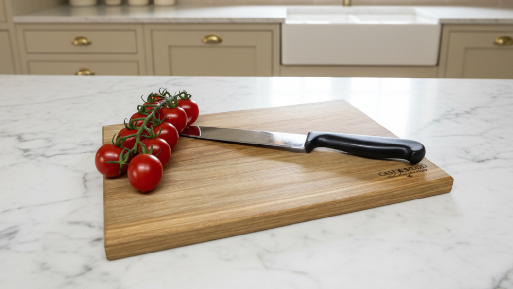 Wooden cutting board with tomatoes and a knife on a marble countertop